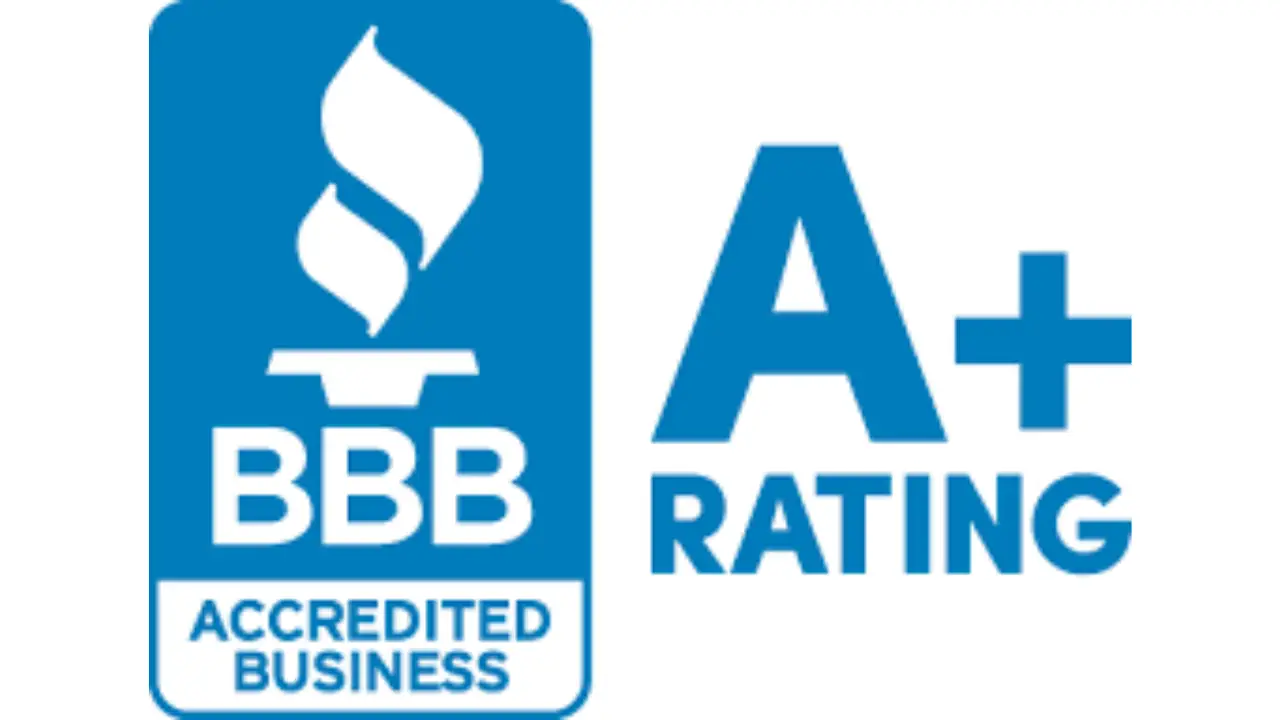 BBB logo in blue showing accredited business and on the right A Plus Rating